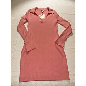 Open Edit Long Sleeve Fine Rib Sweater Dress Size M Women VNeck Collar Pink‎